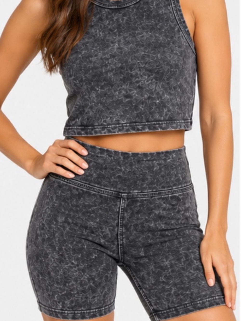 RETROD Women’s L Acid Wash Crop Tank Biker Shorts 2 Piece Set Y2K Athleisure